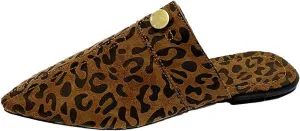 SAFECAMS Women's Flat Mules Closed Pointed Toe Backless Slip-On Loafers Ladies Denim Baotou Clogs Half Slides Cap-Toe Solid Color Leopard Sandal