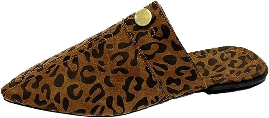SAFECAMS Women's Flat Mules Closed Pointed Toe Backless Slip-On Loafers Ladies Denim Baotou Clogs Half Slides Cap-Toe Solid Color Leopard Sandal