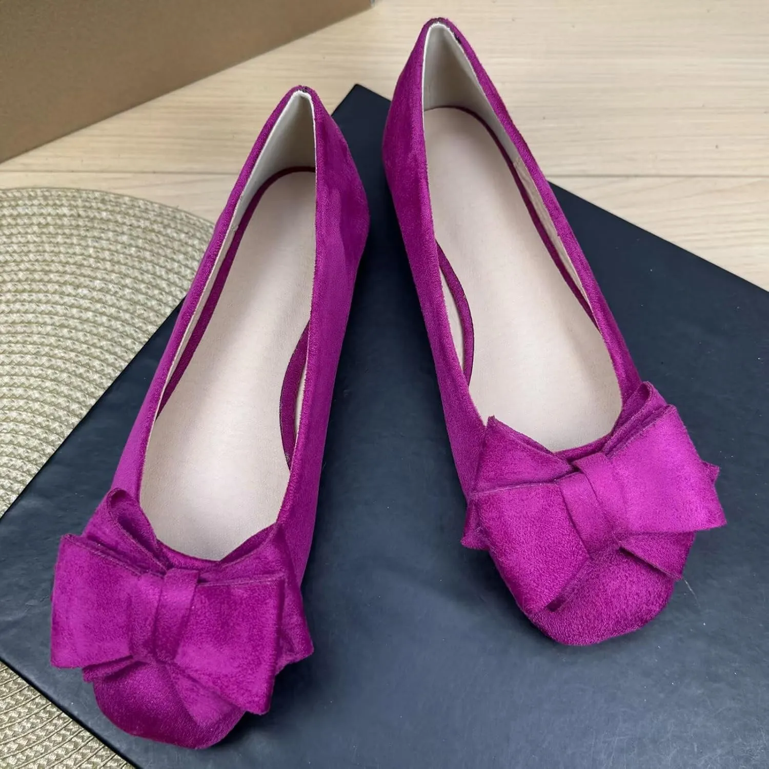 SAILING LU Women's Bow Knot Ballet Flats Square Toe Flat Shoes Suede Dress Shoes Wear to Work Slip On Moccasins