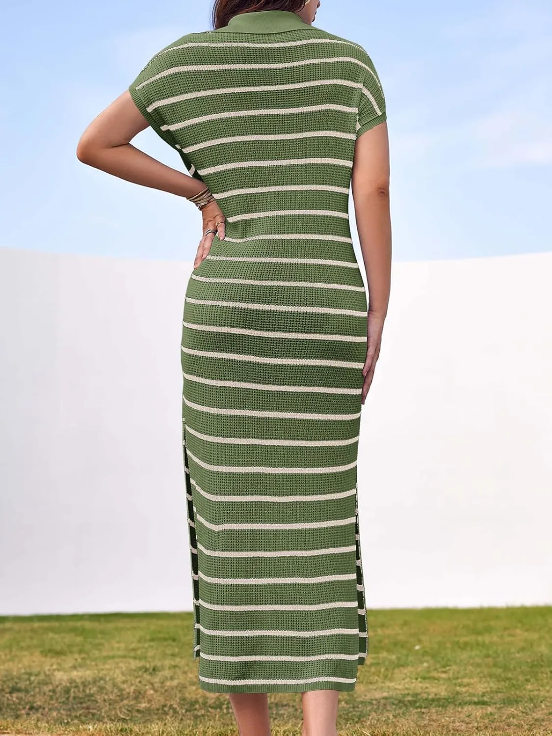 Saodimallsu Womens Striped Summer Dresses Short Sleeve V Neck Knit Collared Sexy Slit Loose Maxi Sweater Dress