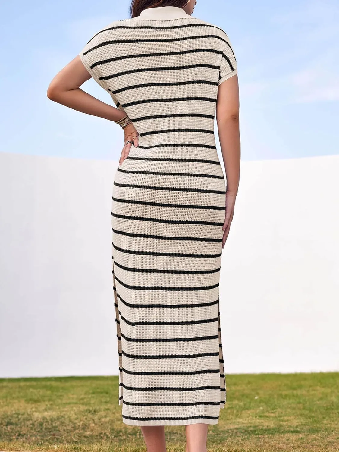 Saodimallsu Womens Striped Summer Dresses Short Sleeve V Neck Knit Collared Sexy Slit Loose Maxi Sweater Dress