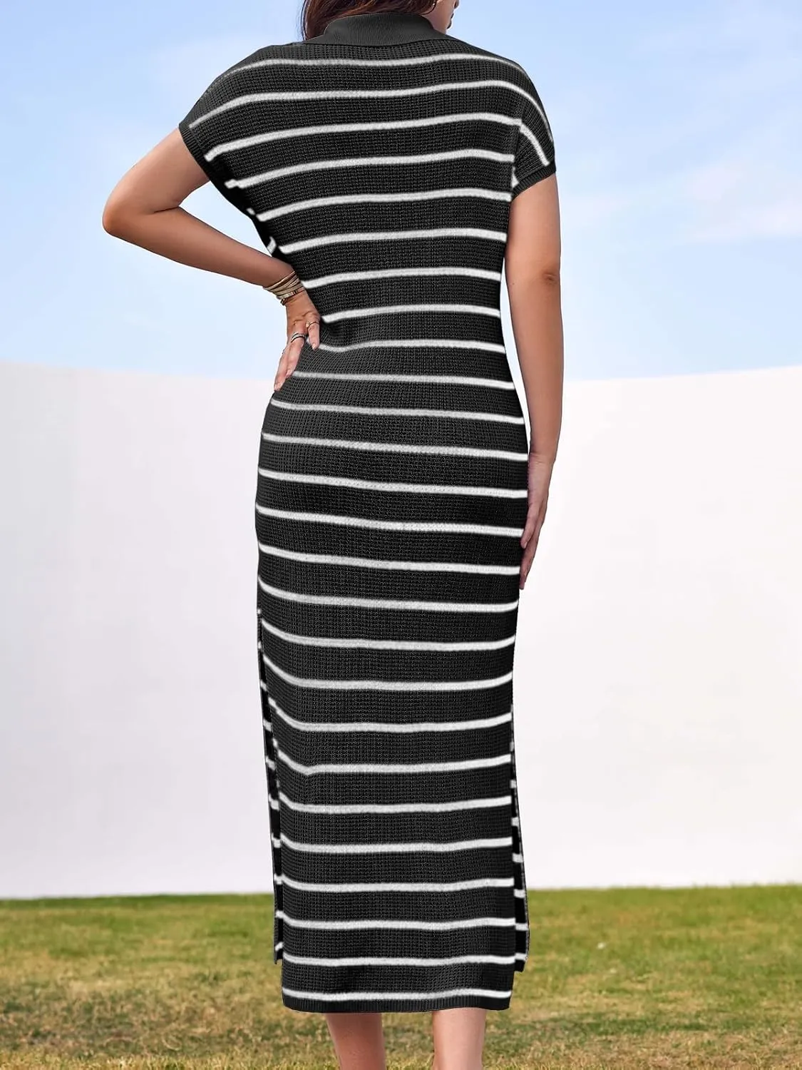 Saodimallsu Womens Striped Summer Dresses Short Sleeve V Neck Knit Collared Sexy Slit Loose Maxi Sweater Dress