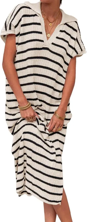 Saodimallsu Womens Striped Summer Dresses Short Sleeve V Neck Knit Collared Sexy Slit Loose Maxi Sweater Dress