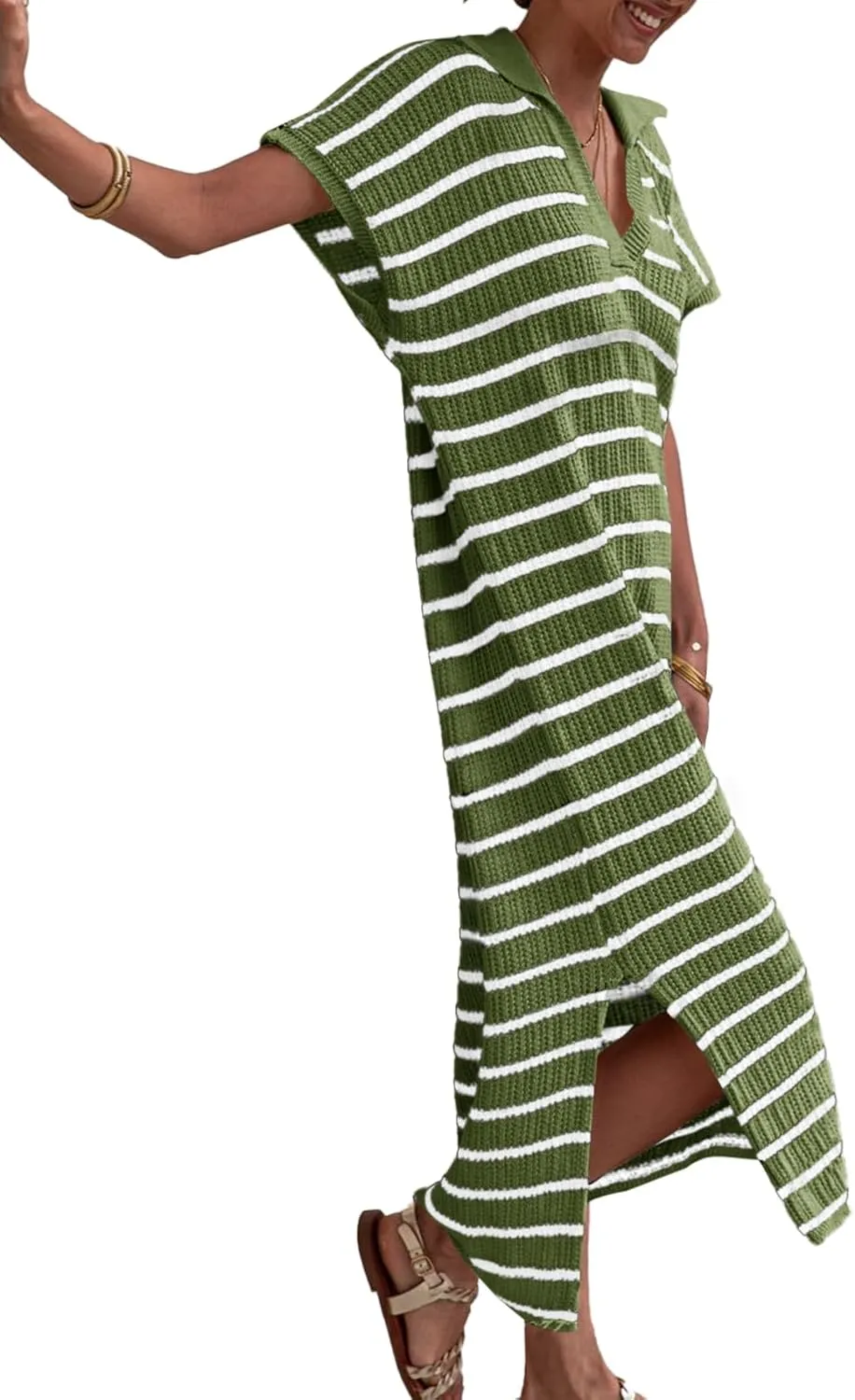 Saodimallsu Womens Striped Summer Dresses Short Sleeve V Neck Knit Collared Sexy Slit Loose Maxi Sweater Dress