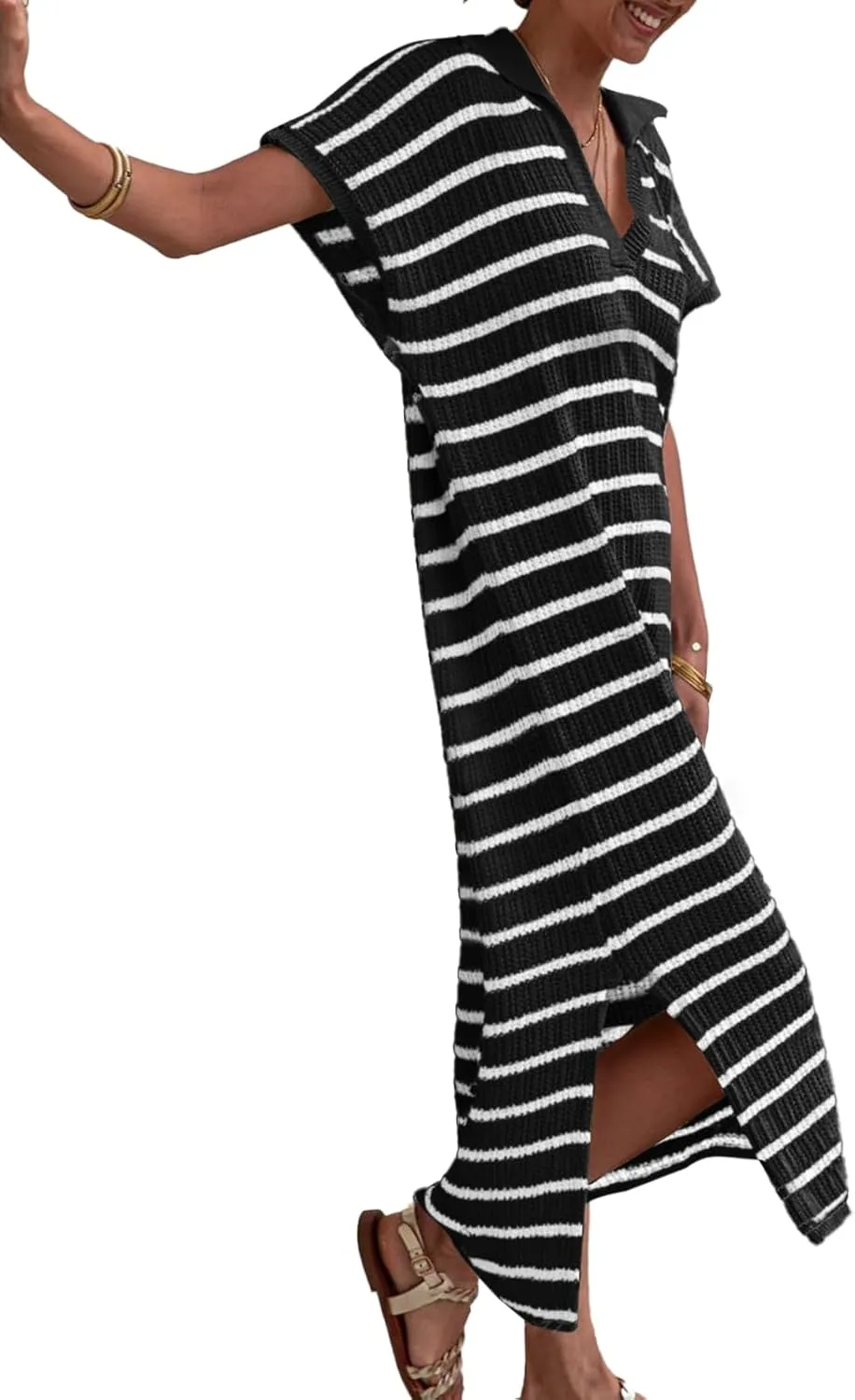 Saodimallsu Womens Striped Summer Dresses Short Sleeve V Neck Knit Collared Sexy Slit Loose Maxi Sweater Dress