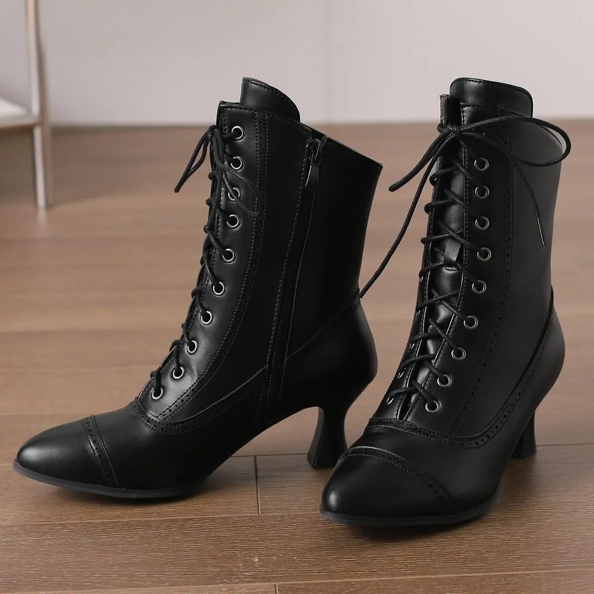 Seborluys Women Vintage Victorian Lace Up Boots Kitten Heel Ankle Boots Pointed Toe Mid Heel Booties With Zipper Wedding Bridal Costume…