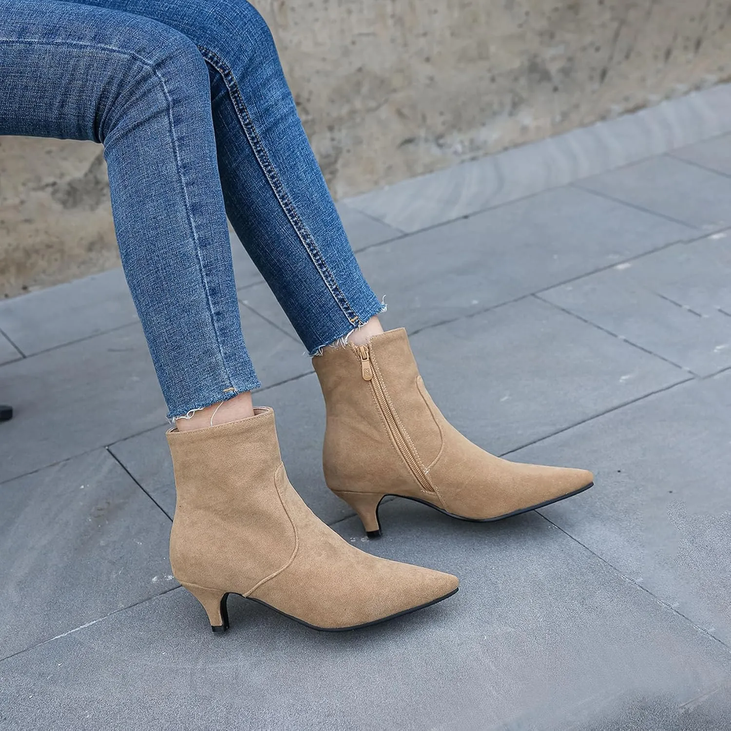 SHEMEE Fashion Womens Kitten Heels Ankle Boots Sexy Pointy Toe Booties Mid Heels Zipper Work Party Dress Shoes