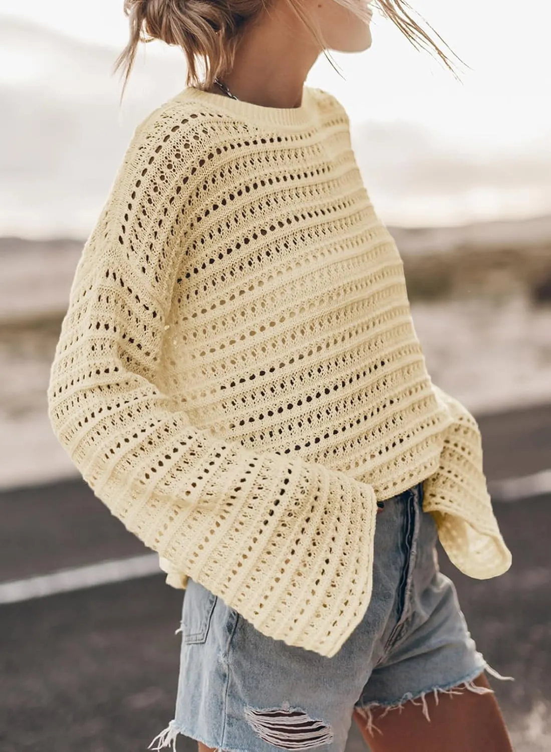 Sidefeel Womens Sweaters Lightweight Casual Long Sleeve Loose Crochet Hollow Out Knit Pullover Tops Clothing