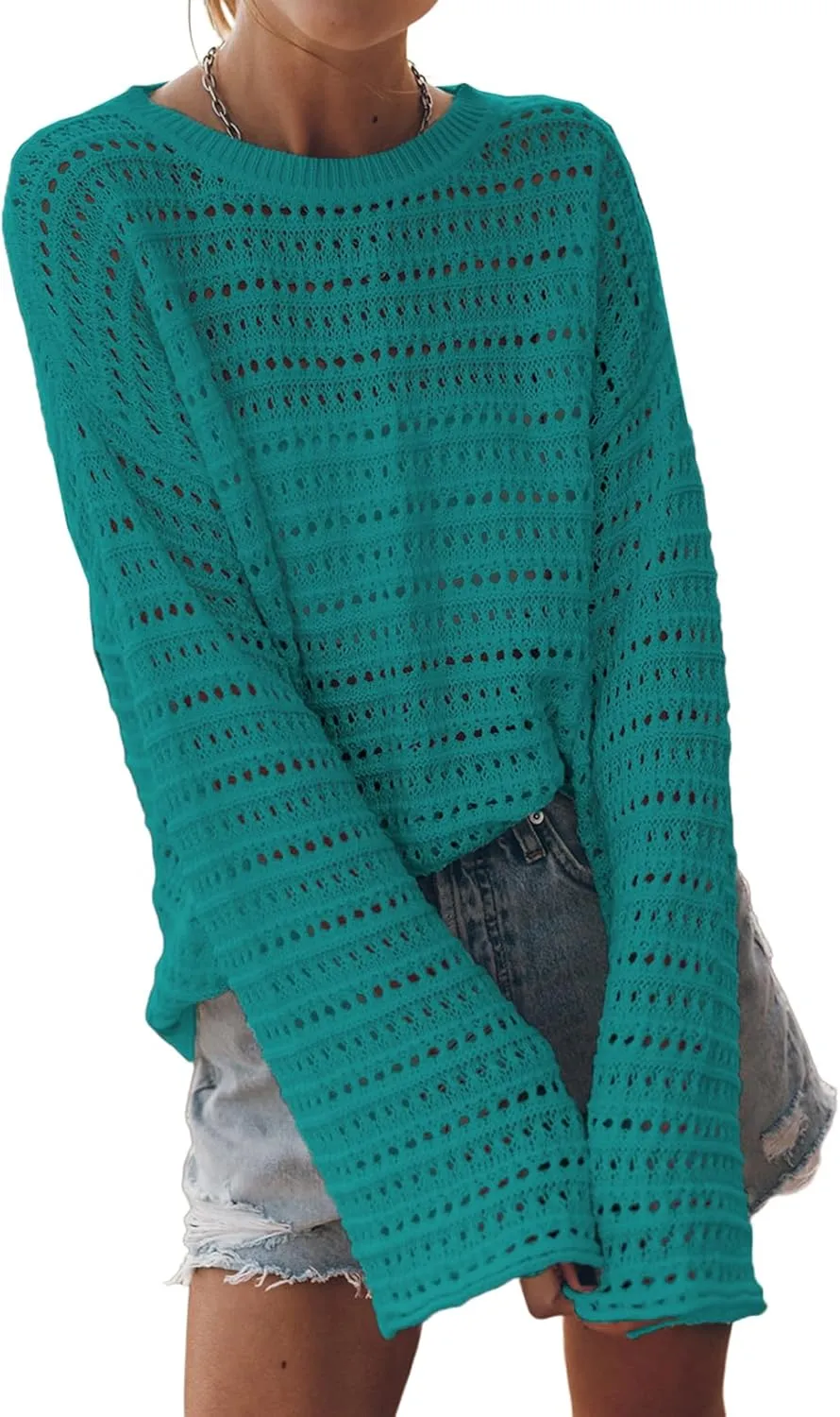 Sidefeel Womens Sweaters Lightweight Casual Long Sleeve Loose Crochet Hollow Out Knit Pullover Tops Clothing
