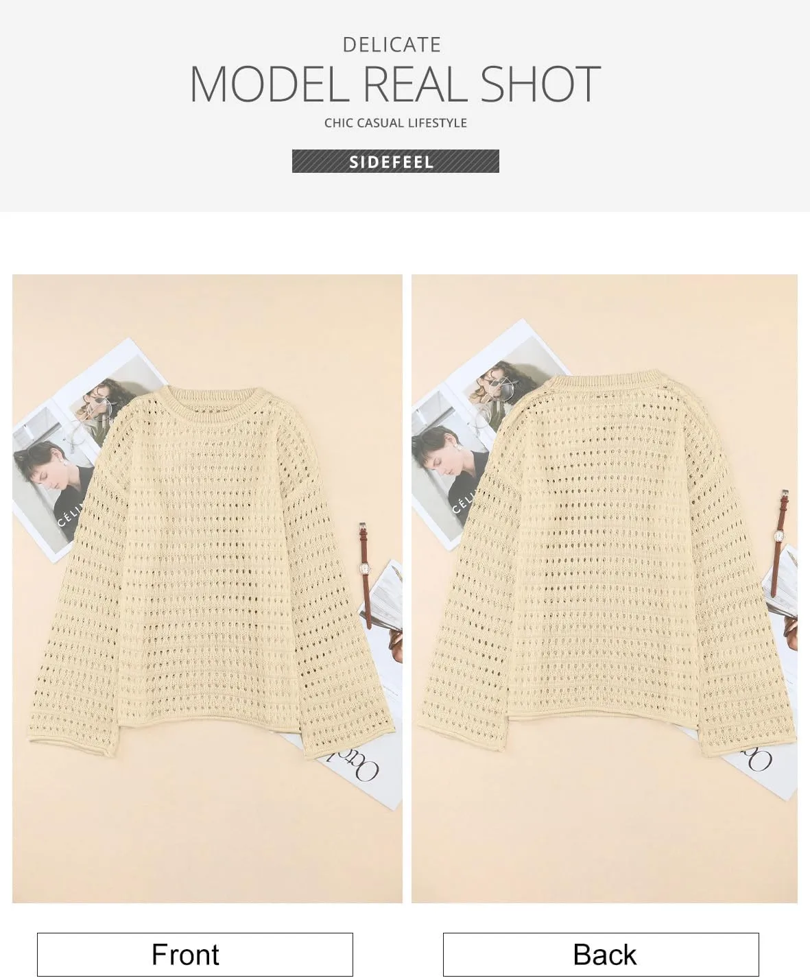 Sidefeel Womens Sweaters Lightweight Casual Long Sleeve Loose Crochet Hollow Out Knit Pullover Tops Clothing