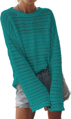 Sidefeel Womens Sweaters Lightweight Casual Long Sleeve Loose Crochet Hollow Out Knit Pullover Tops Clothing