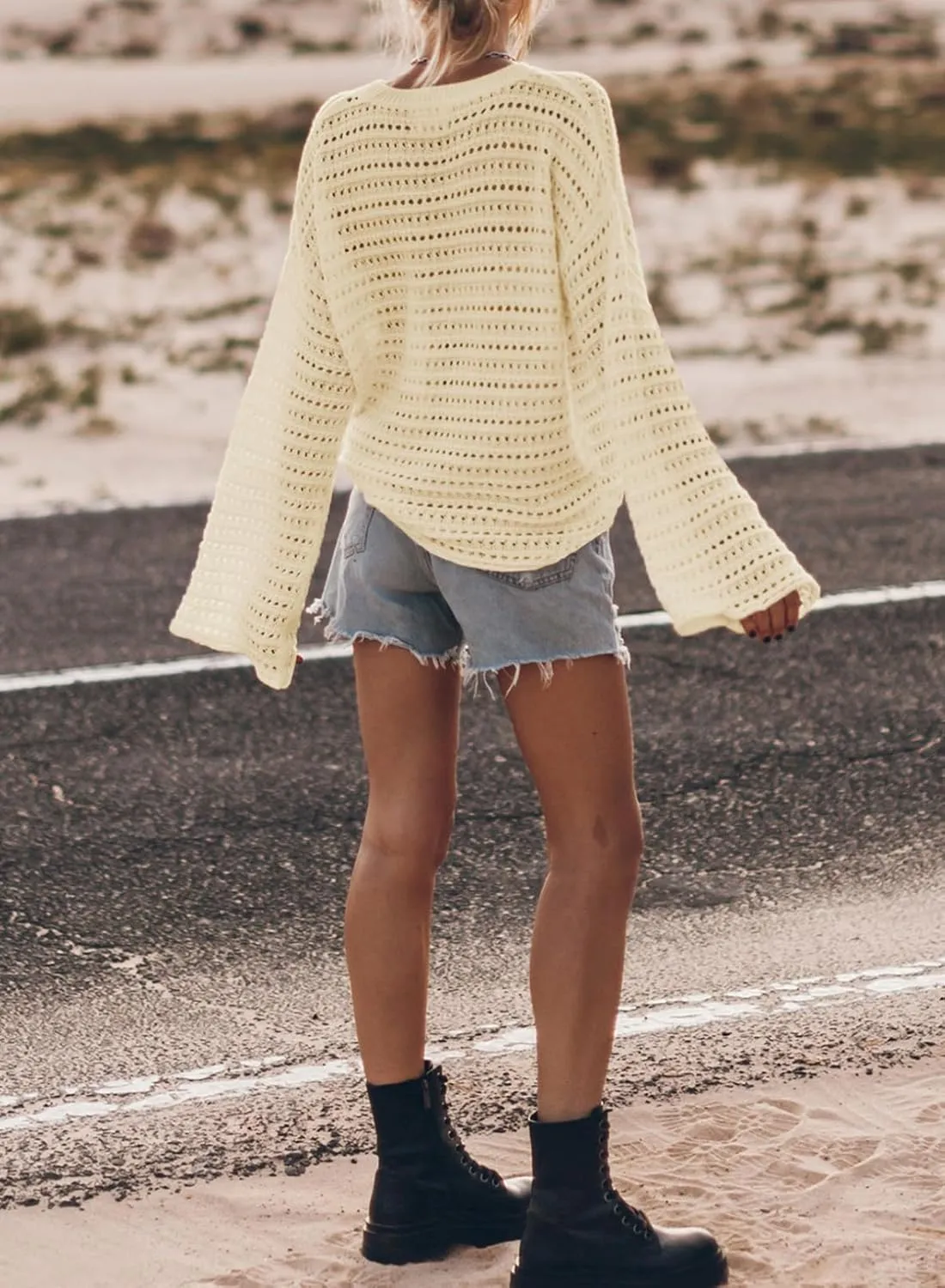 Sidefeel Womens Sweaters Lightweight Casual Long Sleeve Loose Crochet Hollow Out Knit Pullover Tops Clothing