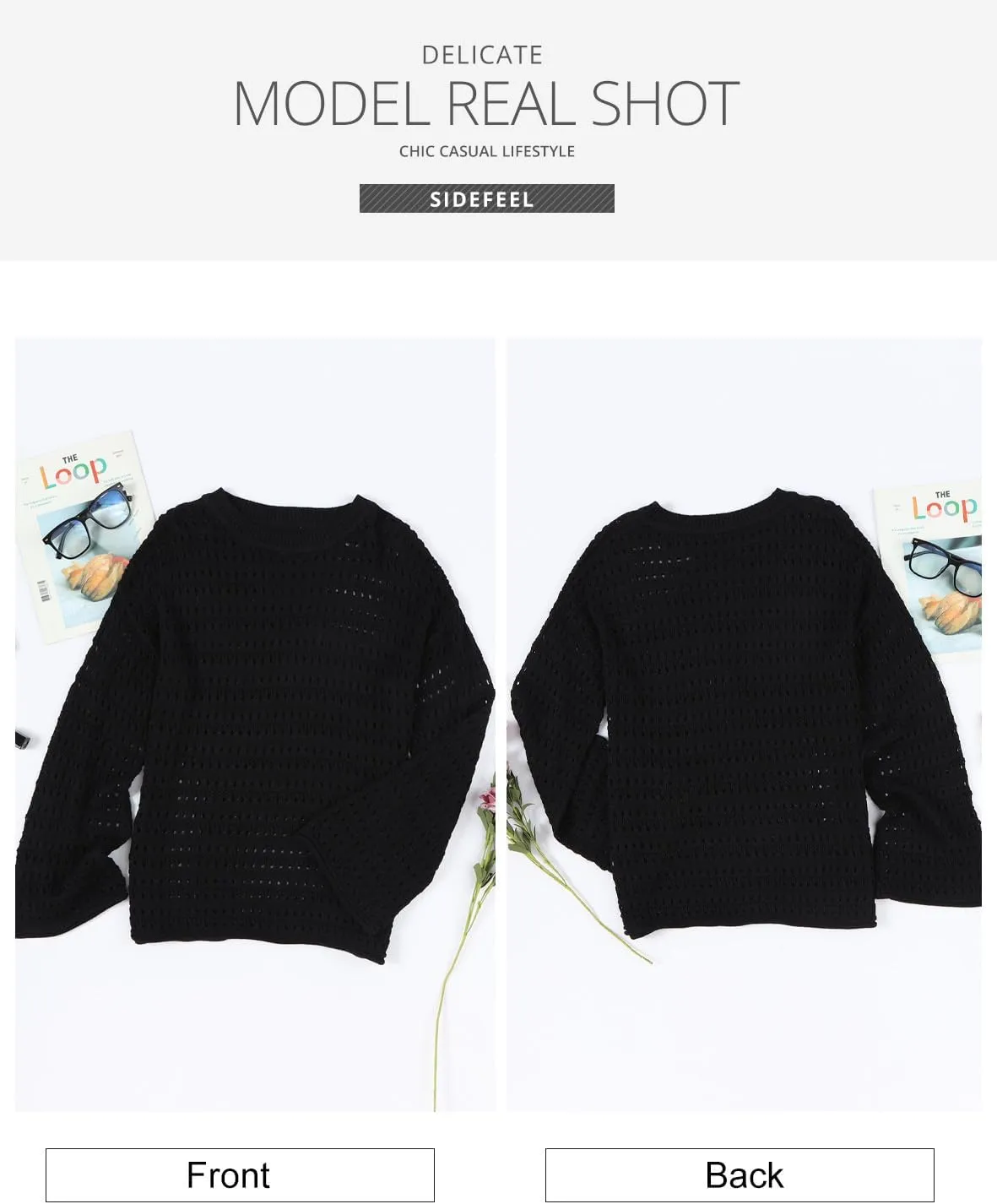 Sidefeel Womens Sweaters Lightweight Casual Long Sleeve Loose Crochet Hollow Out Knit Pullover Tops Clothing