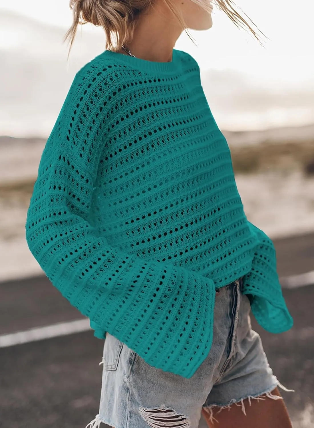 Sidefeel Womens Sweaters Lightweight Casual Long Sleeve Loose Crochet Hollow Out Knit Pullover Tops Clothing