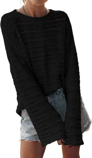 Sidefeel Womens Sweaters Lightweight Casual Long Sleeve Loose Crochet Hollow Out Knit Pullover Tops Clothing
