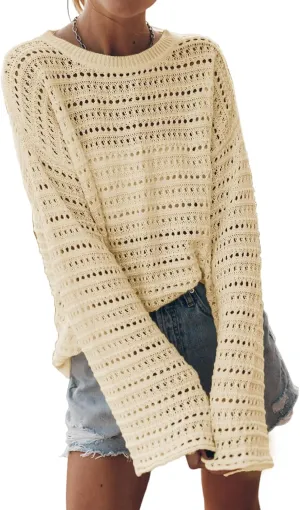 Sidefeel Womens Sweaters Lightweight Casual Long Sleeve Loose Crochet Hollow Out Knit Pullover Tops Clothing