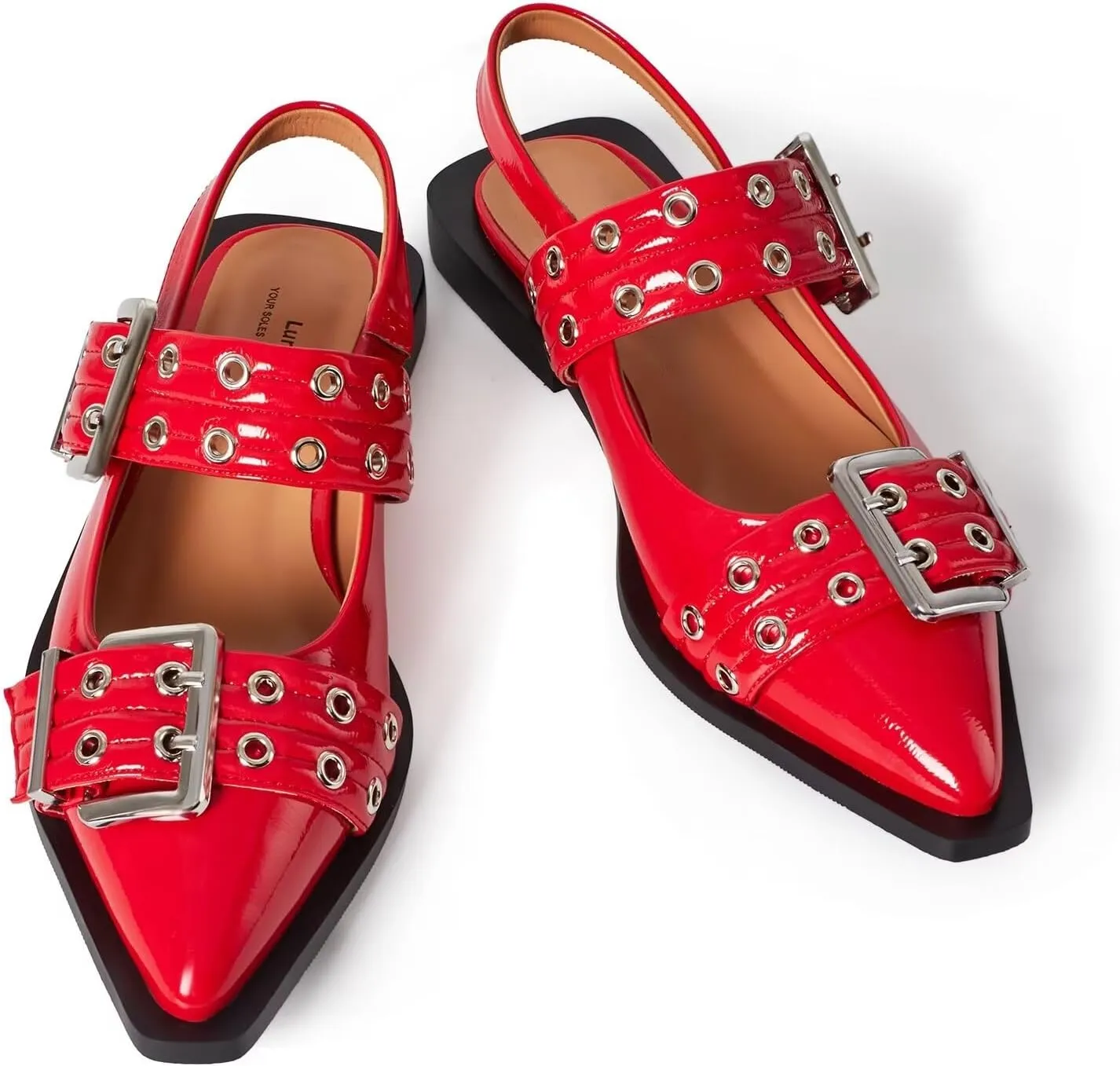 Slingback Flats for Women, Close Toe Pointed Toe Flats with Studded Buckle Strap Block Heel Comfortable Dress Shoes for Women