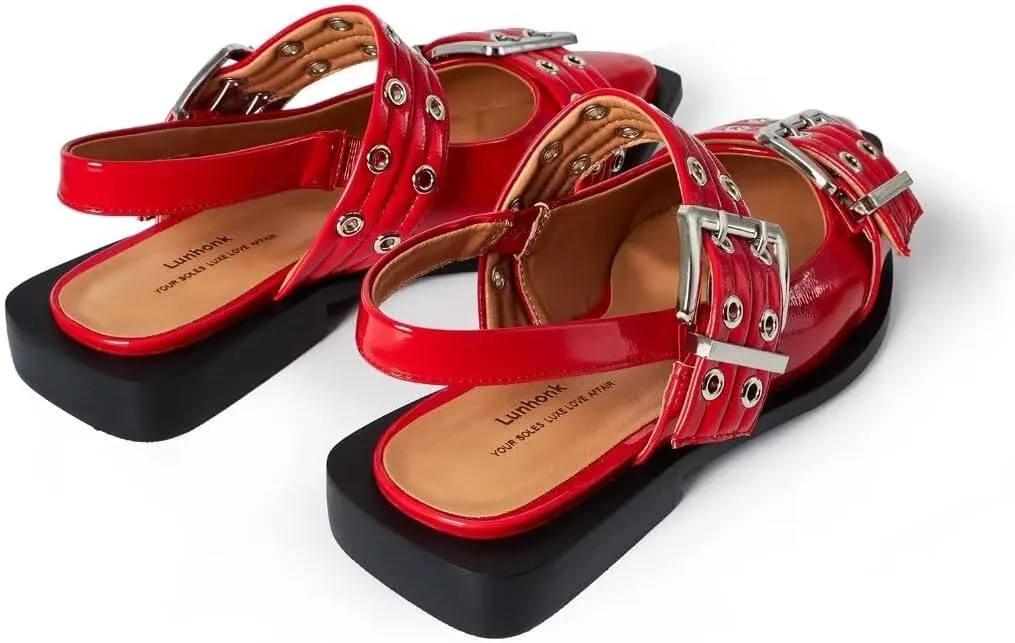 Slingback Flats for Women, Close Toe Pointed Toe Flats with Studded Buckle Strap Block Heel Comfortable Dress Shoes for Women
