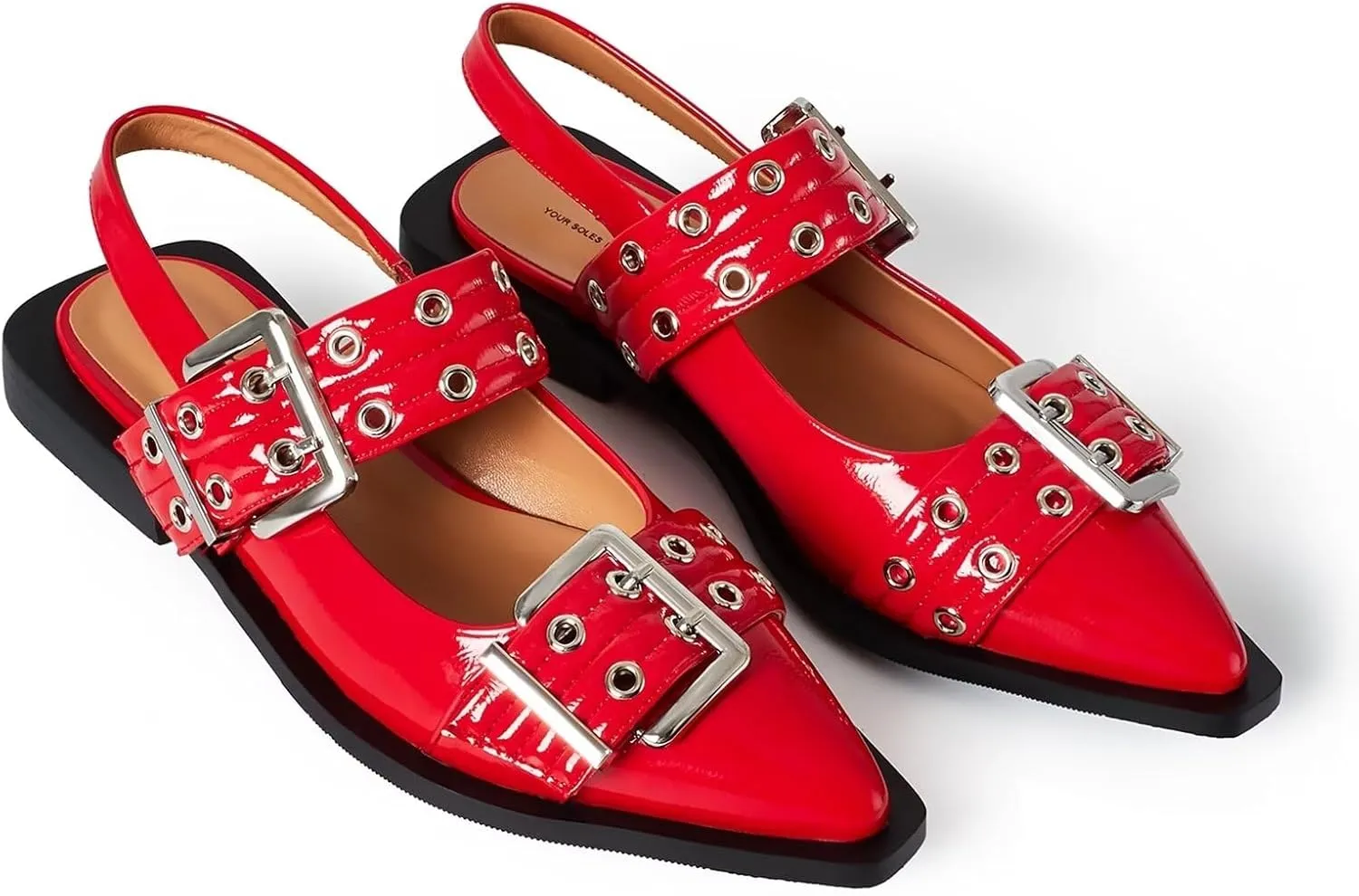 Slingback Flats for Women, Close Toe Pointed Toe Flats with Studded Buckle Strap Block Heel Comfortable Dress Shoes for Women
