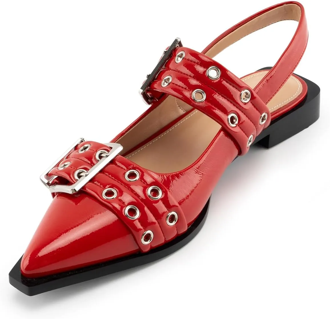 Slingback Flats for Women, Close Toe Pointed Toe Flats with Studded Buckle Strap Block Heel Comfortable Dress Shoes for Women