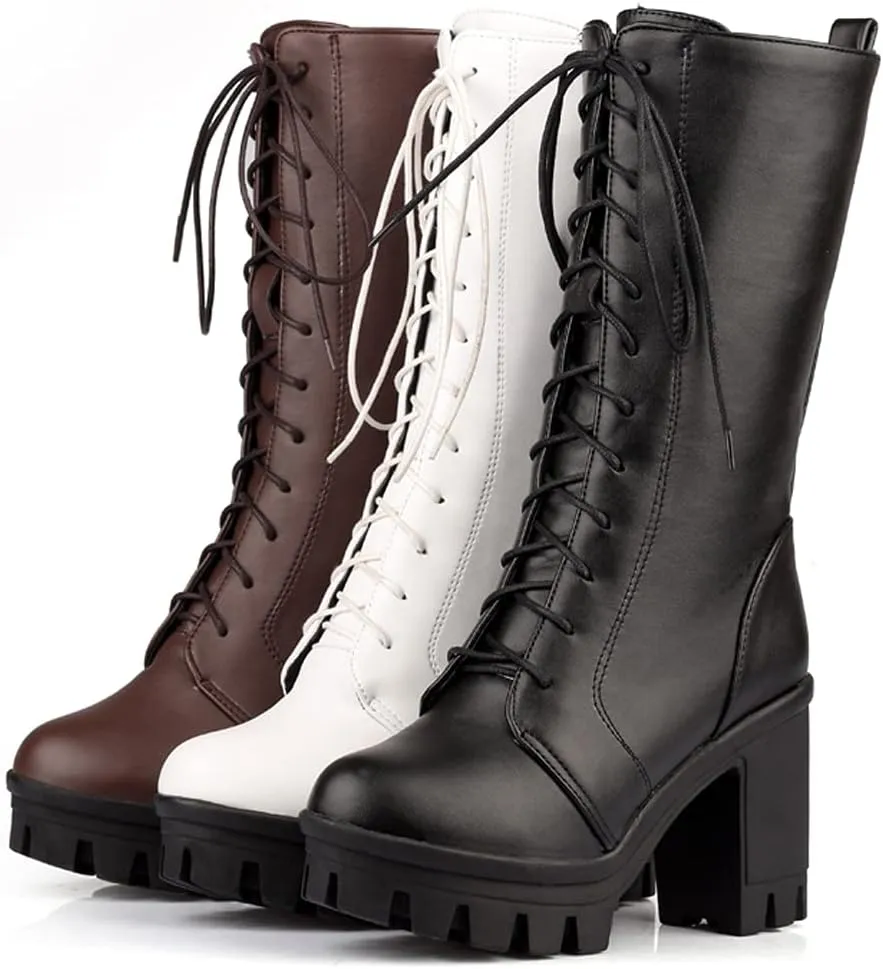 SO SIMPOK Women's Lace Up Punk Chunky Block Heel Platform Boots Mid Calf Boots Party Motorcycle Riding Combat Boots