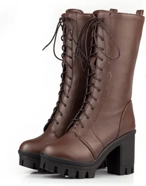 SO SIMPOK Women's Lace Up Punk Chunky Block Heel Platform Boots Mid Calf Boots Party Motorcycle Riding Combat Boots