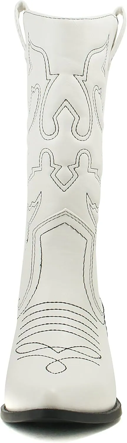 Soda Red Reno Western Cowboy Pointed Toe Knee High Pull On Tabs Boots All-White