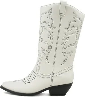 Soda Red Reno Western Cowboy Pointed Toe Knee High Pull On Tabs Boots All-White