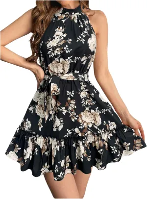 SOLY HUX Women's Elegant Floral Print Halter Dress Sleeveless Ruffle A Line Flowy Mini Dresses with Belt