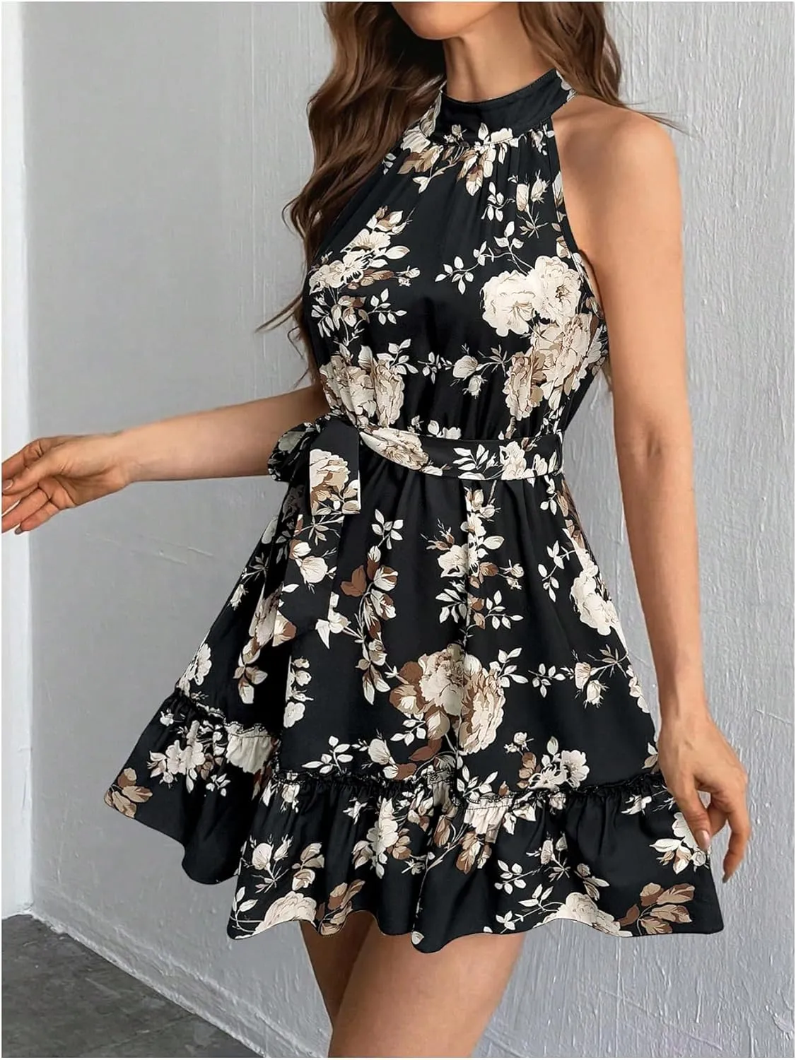 SOLY HUX Women's Elegant Floral Print Halter Dress Sleeveless Ruffle A Line Flowy Mini Dresses with Belt