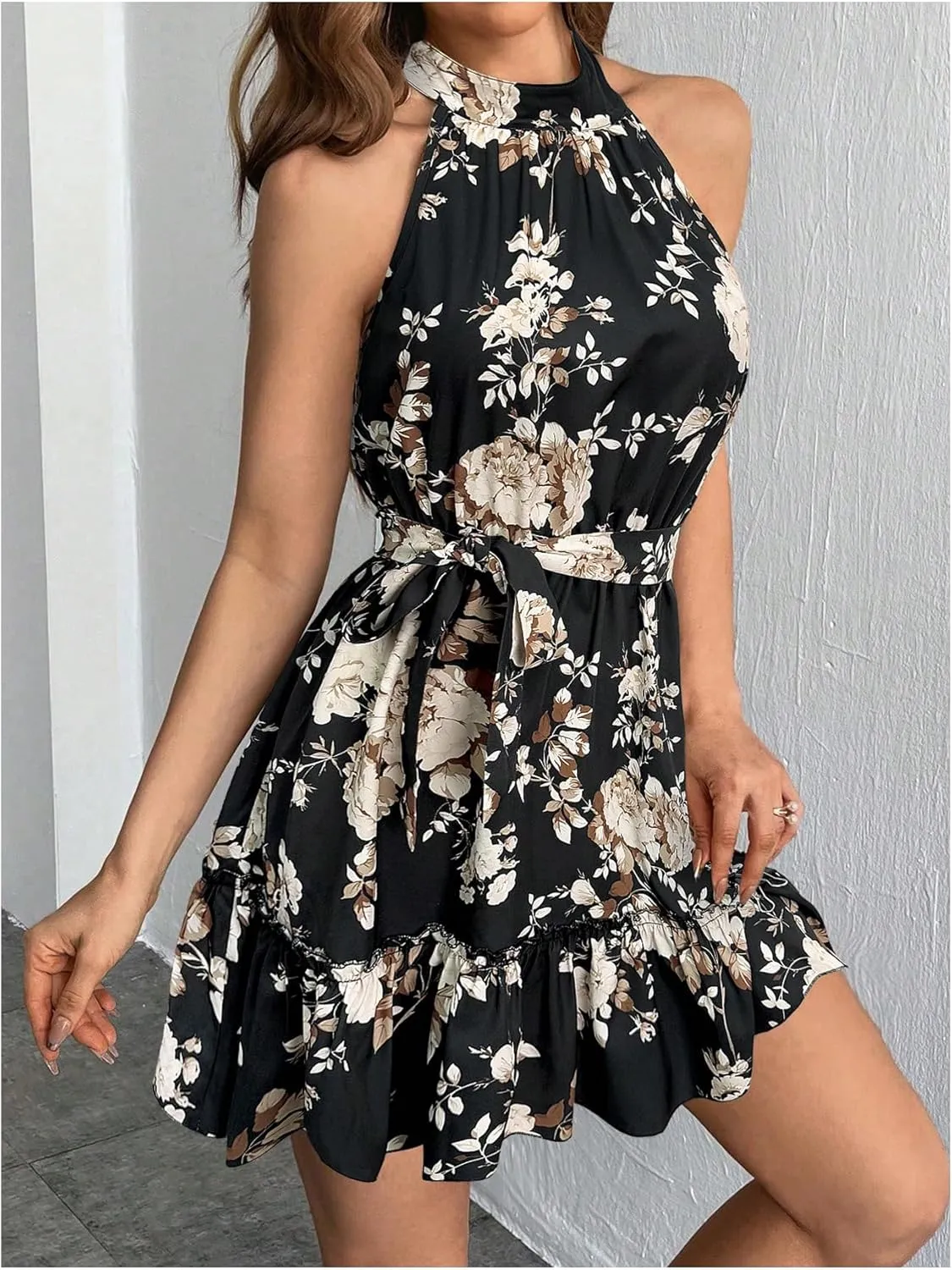SOLY HUX Women's Elegant Floral Print Halter Dress Sleeveless Ruffle A Line Flowy Mini Dresses with Belt