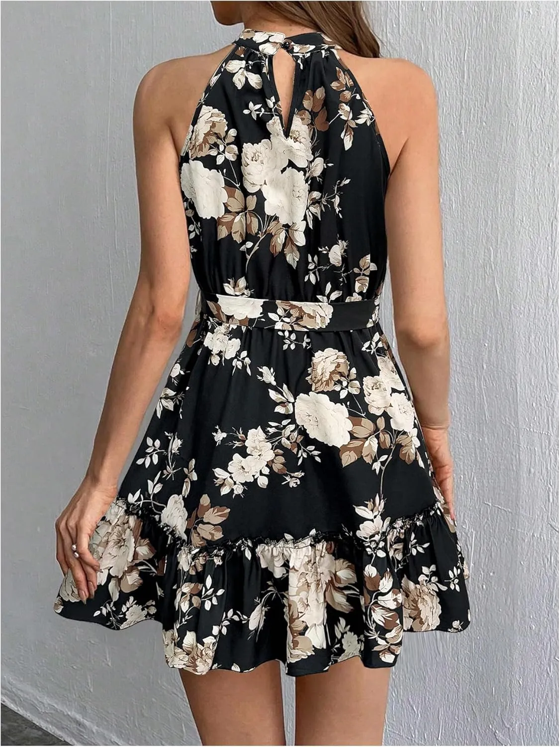 SOLY HUX Women's Elegant Floral Print Halter Dress Sleeveless Ruffle A Line Flowy Mini Dresses with Belt