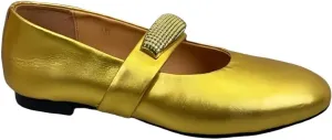 Sparkling Metallic Mary Jane Flats for Women with Elastic Single Strap Low Heels Closed-Toe Genuine Leather Shoes Comfortable & Stylish