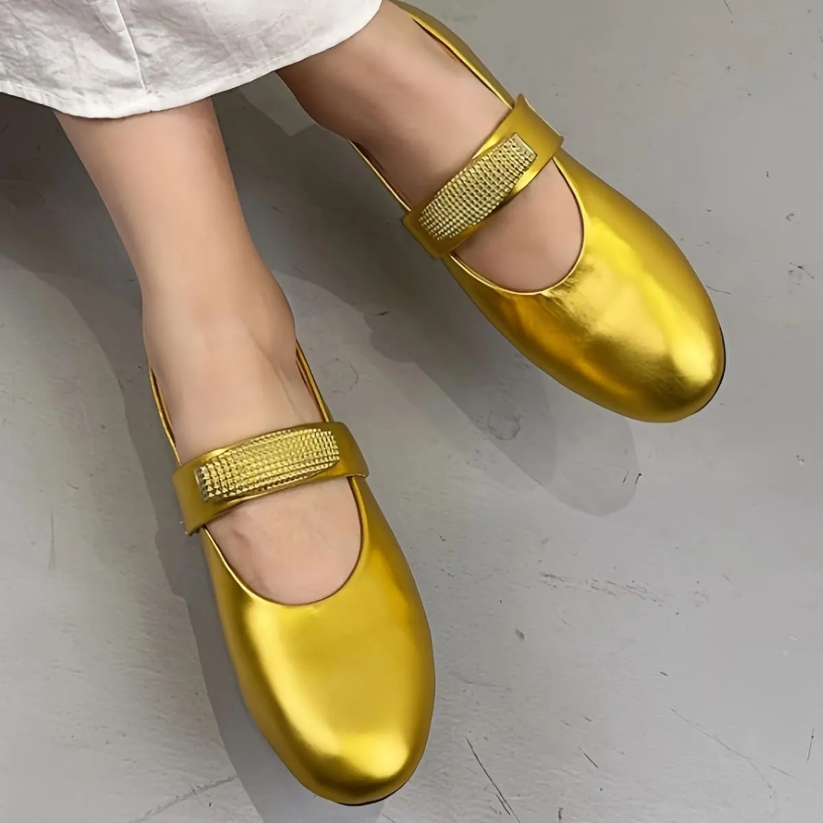 Sparkling Metallic Mary Jane Flats for Women with Elastic Single Strap Low Heels Closed-Toe Genuine Leather Shoes Comfortable & Stylish