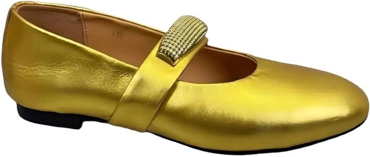 Sparkling Metallic Mary Jane Flats for Women with Elastic Single Strap Low Heels Closed-Toe Genuine Leather Shoes Comfortable & Stylish