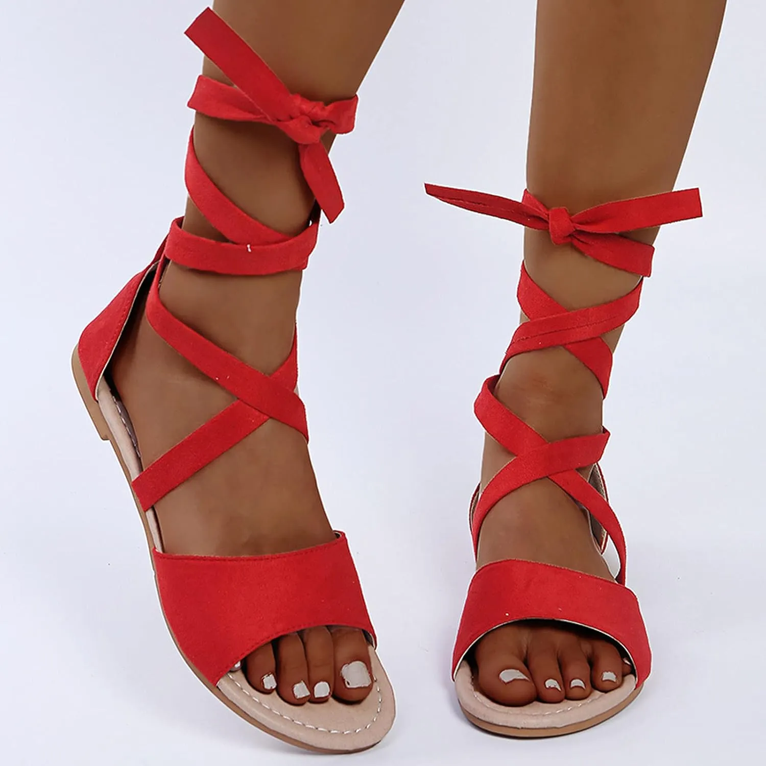 Strappy Sandals for Women Flats,Summer Casual Cross Straps Lace up Fish Mouth Open Toe Roman Sandalias Comfortable Trendy Elegant Ladies Shoes