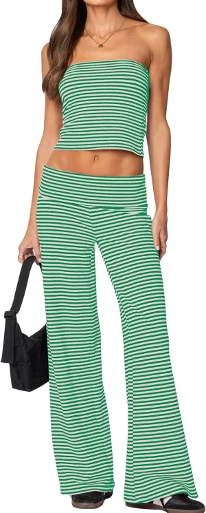 Striped Two Piece Sets Women Summer Lounge Outfits Strapless Crop Tube Top and Foldover Pant Matching Set Resort Wear