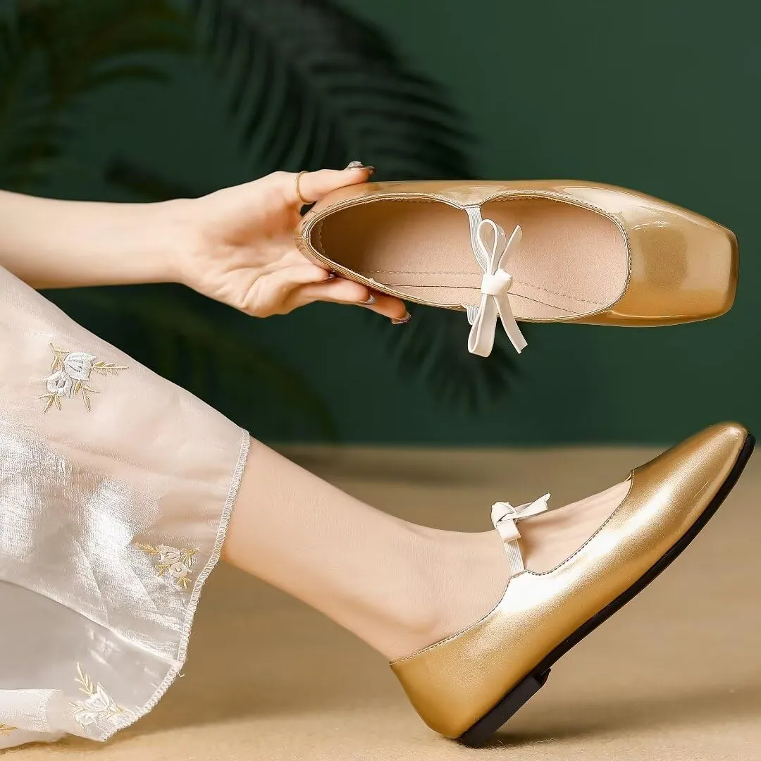 Stunner Women's Ballet Flats Retro Square Toe Mary Jane Flats Elegant Bowknot One Line Strap Flats