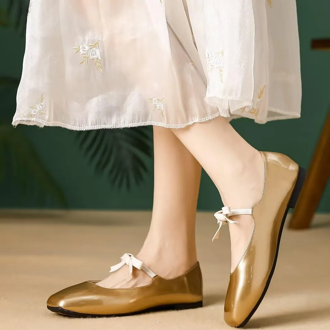 Stunner Women's Ballet Flats Retro Square Toe Mary Jane Flats Elegant Bowknot One Line Strap Flats