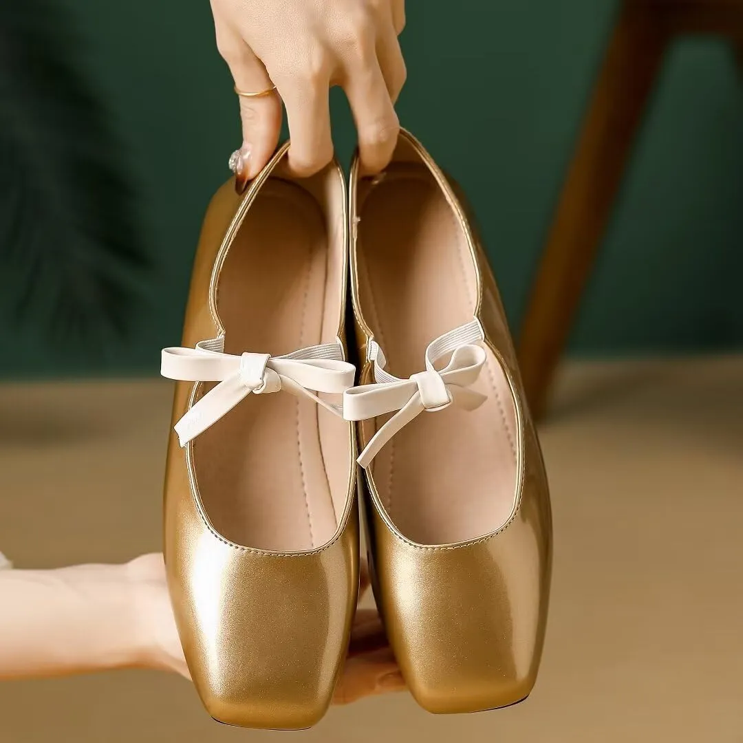 Stunner Women's Ballet Flats Retro Square Toe Mary Jane Flats Elegant Bowknot One Line Strap Flats