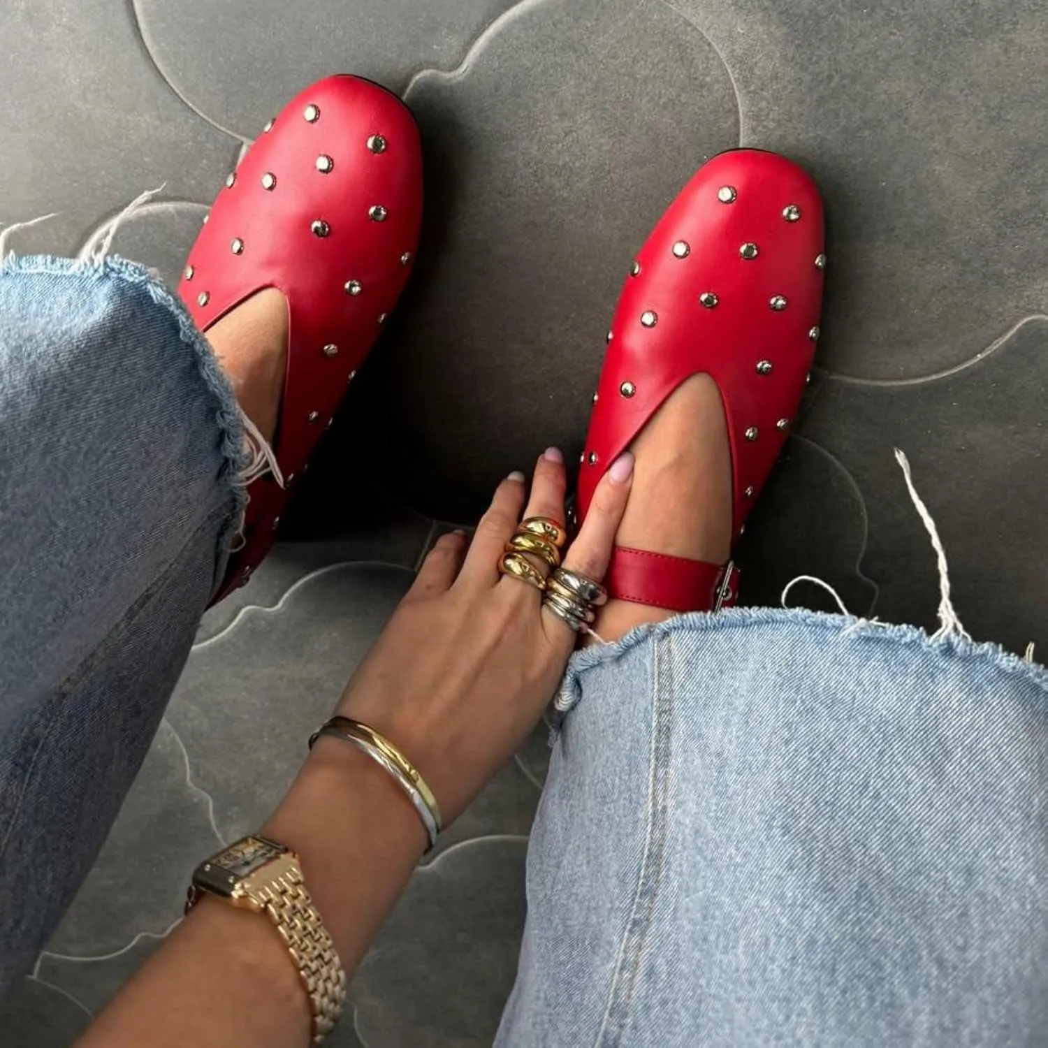 Stylish Mary Jane Studded Flats for Women Comfortable Ballet Buckled Ballerina Shoes for Work, Office, Party, or Daily Shoes