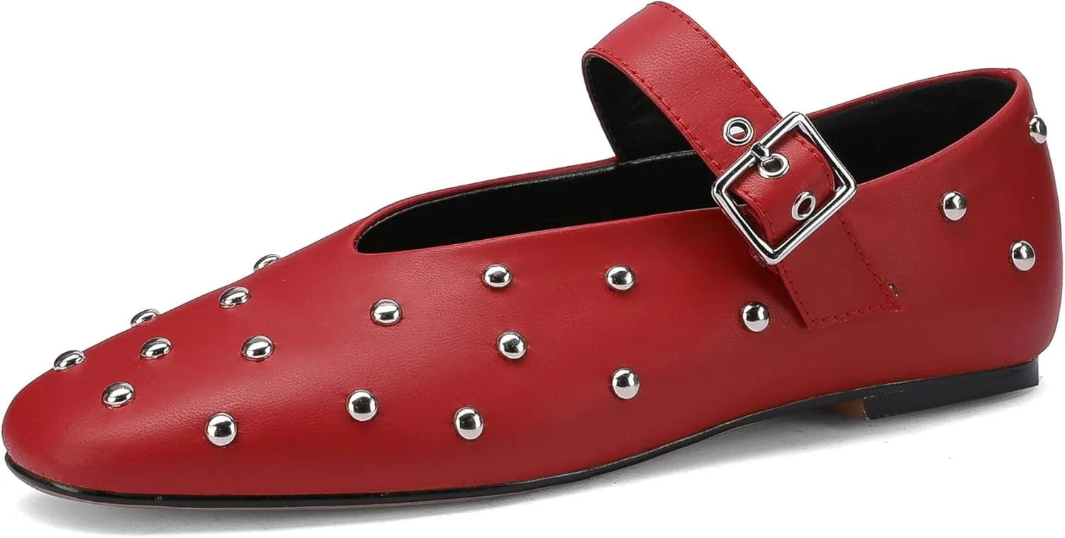 Stylish Mary Jane Studded Flats for Women Comfortable Ballet Buckled Ballerina Shoes for Work, Office, Party, or Daily Shoes