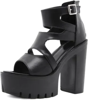 TNXZ Women's Girl Platform Sandals Ankle Strap Heeled Peep Toe Pumps with Buckle Black Leather Back Zip Dress Sandals