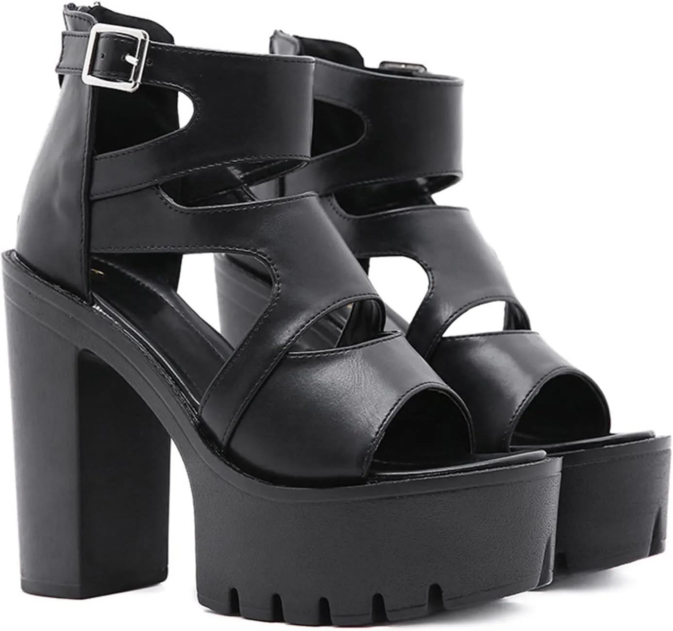 TNXZ Women's Girl Platform Sandals Ankle Strap Heeled Peep Toe Pumps with Buckle Black Leather Back Zip Dress Sandals