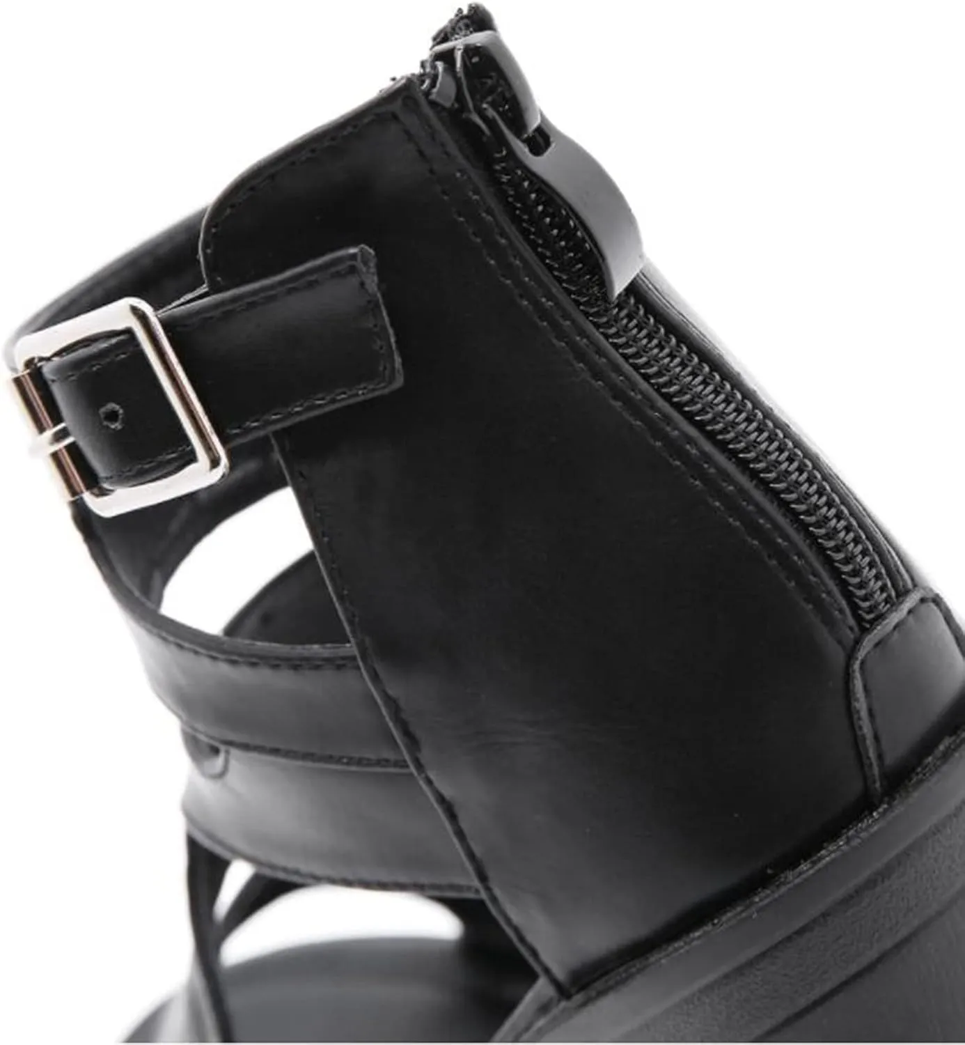 TNXZ Women's Girl Platform Sandals Ankle Strap Heeled Peep Toe Pumps with Buckle Black Leather Back Zip Dress Sandals