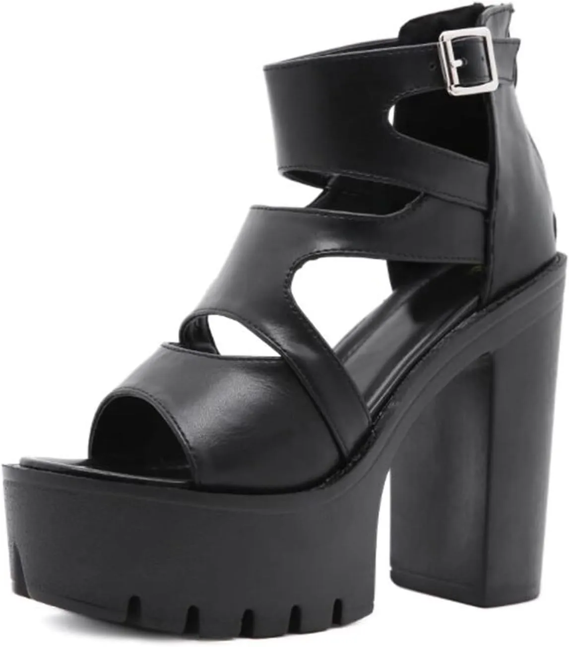 TNXZ Women's Girl Platform Sandals Ankle Strap Heeled Peep Toe Pumps with Buckle Black Leather Back Zip Dress Sandals