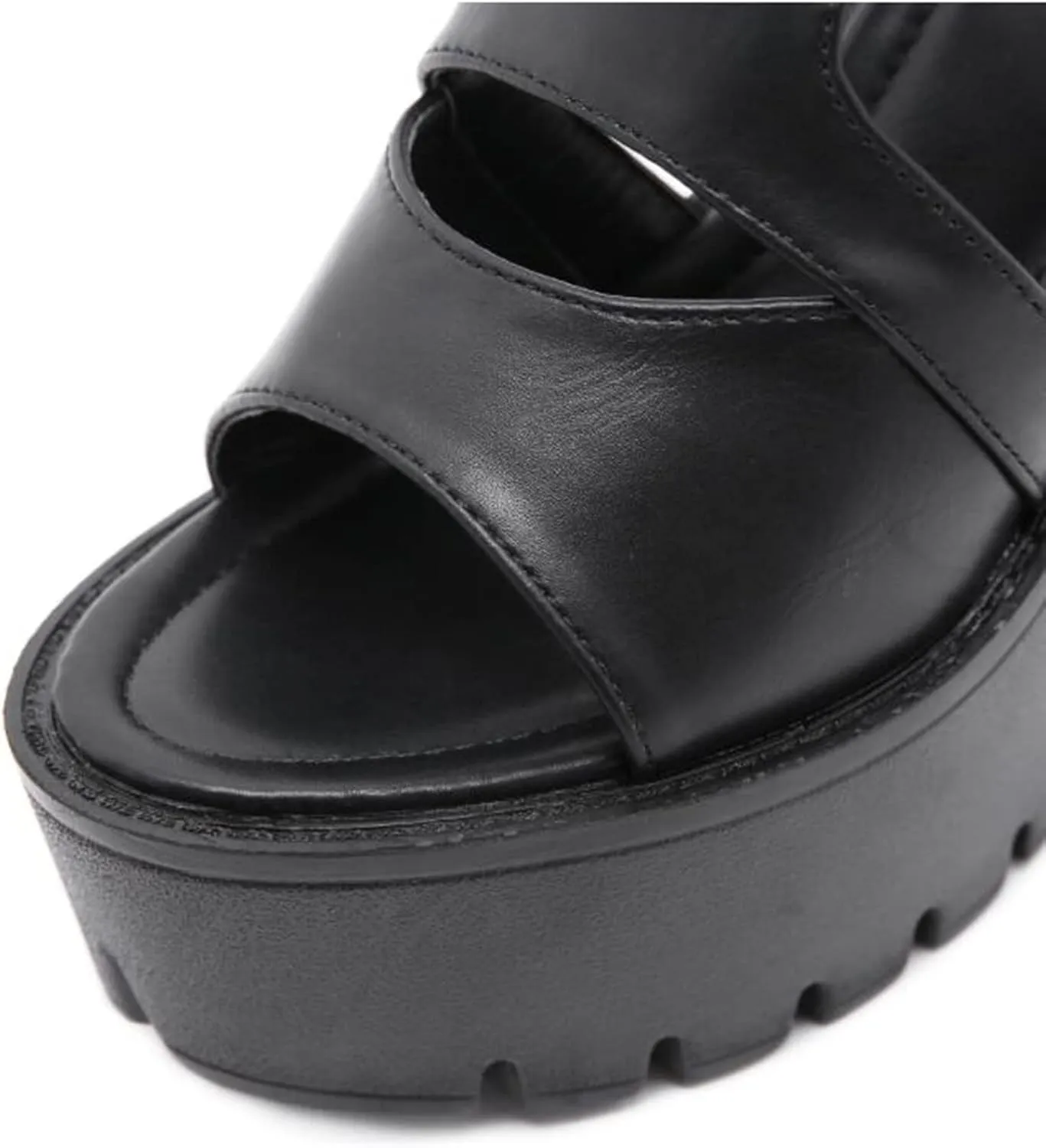 TNXZ Women's Girl Platform Sandals Ankle Strap Heeled Peep Toe Pumps with Buckle Black Leather Back Zip Dress Sandals