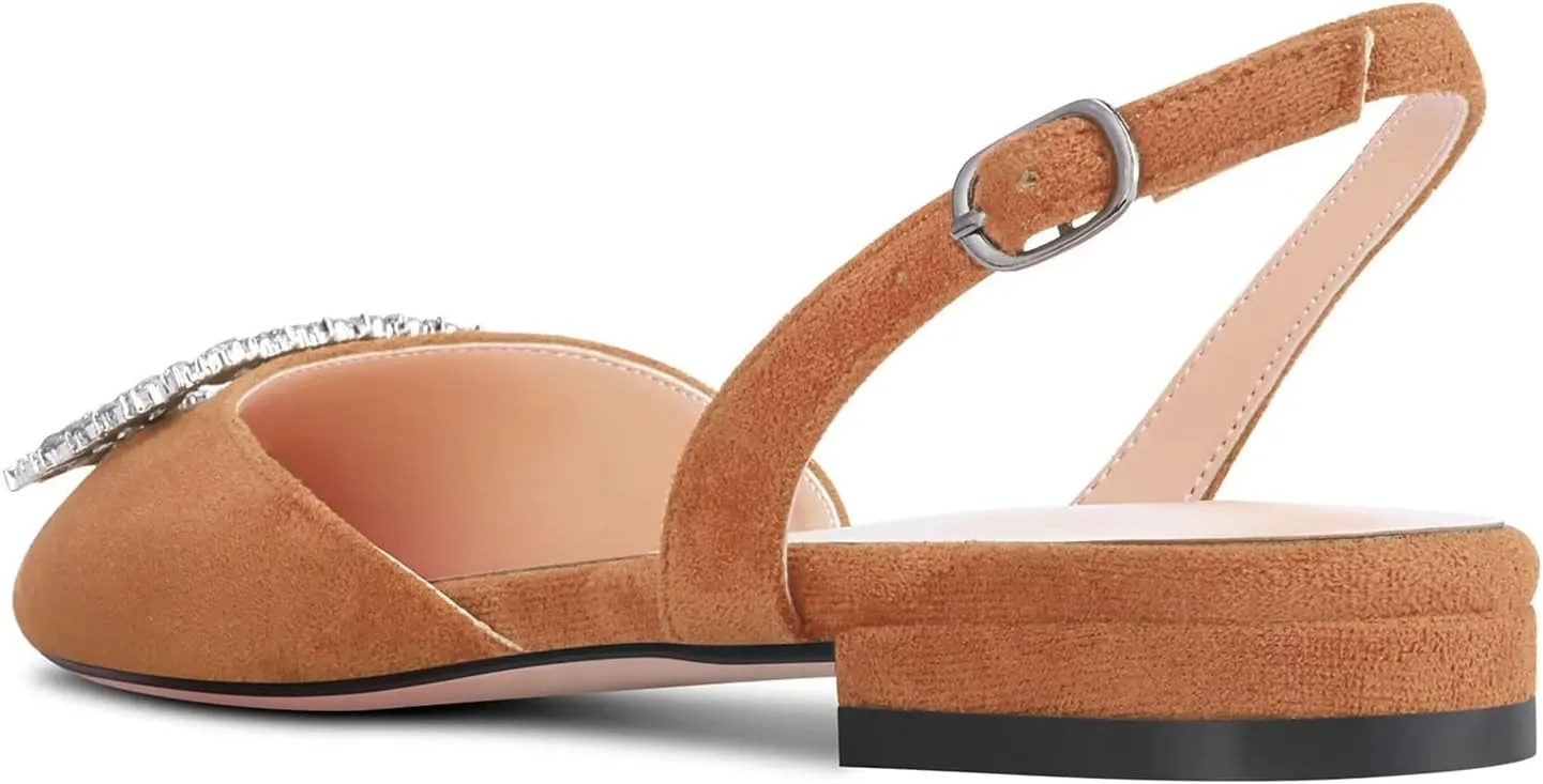 TNYNFBEB Women Chunky Block Low Heel Pointed Toe Flats Shoes Slingback Buckle Rhinestone Crystal Party Cute 0.6 Inches Heels