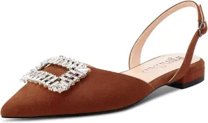 TNYNFBEB Women Chunky Block Low Heel Pointed Toe Flats Shoes Slingback Buckle Rhinestone Crystal Party Cute 0.6 Inches Heels