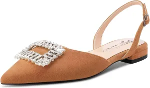 TNYNFBEB Women Chunky Block Low Heel Pointed Toe Flats Shoes Slingback Buckle Rhinestone Crystal Party Cute 0.6 Inches Heels